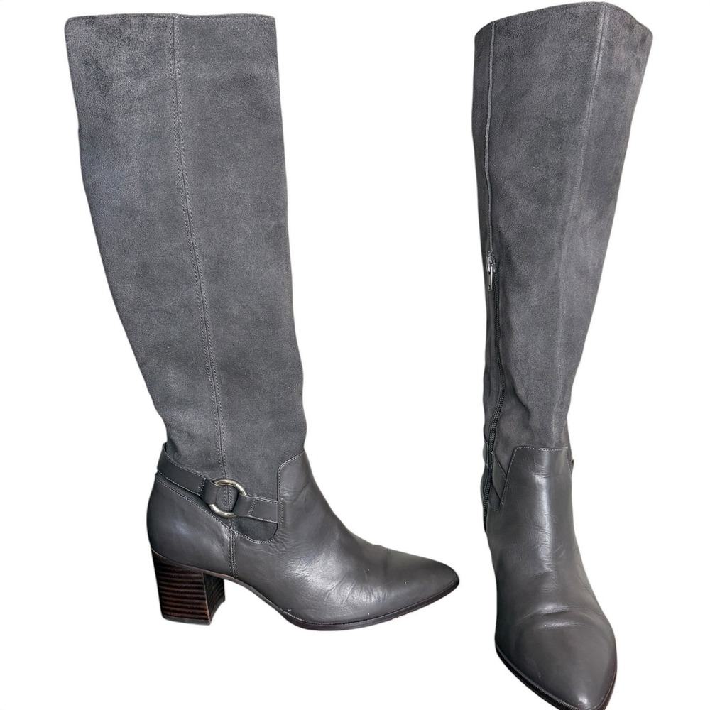 Sole‎ Society Gray Leather Suede Knee High Boots Block Heel Women's Size 8.5